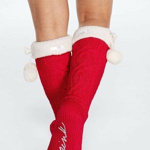 Victoria Secret Pink - Knee High Red Cable knit socks w/ Poms